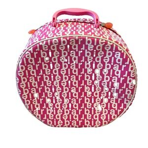 2003 Barbiecore  Hat Box Shaped Vintage  Case Pink Logo Round Zippered  w/Mirror